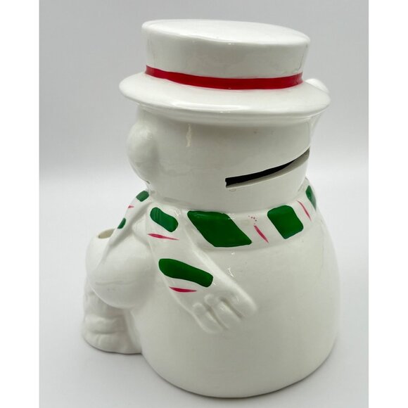 Vintage Snowman Piggy Coin Bank with Stopper Christmas Decor Holding Broom - Picture 6 of 7